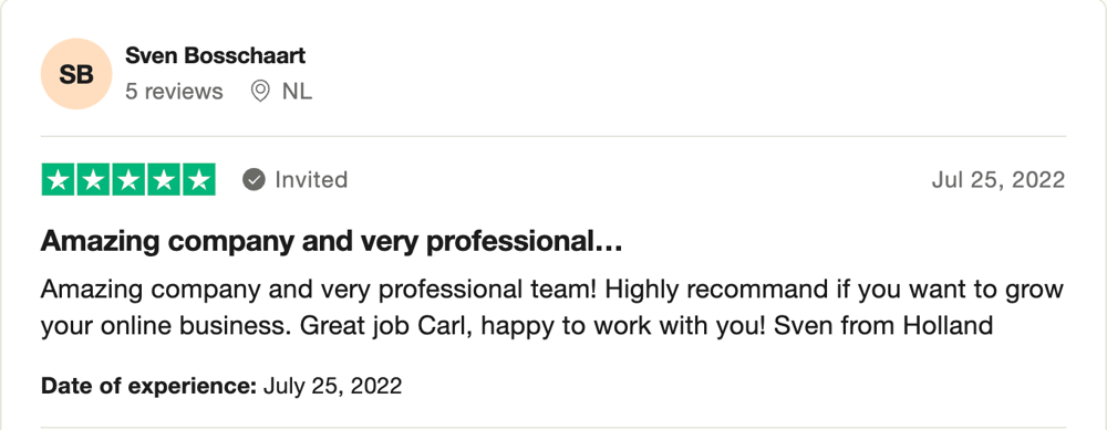 Trustpilot review by Sven Bosschaart, five stars