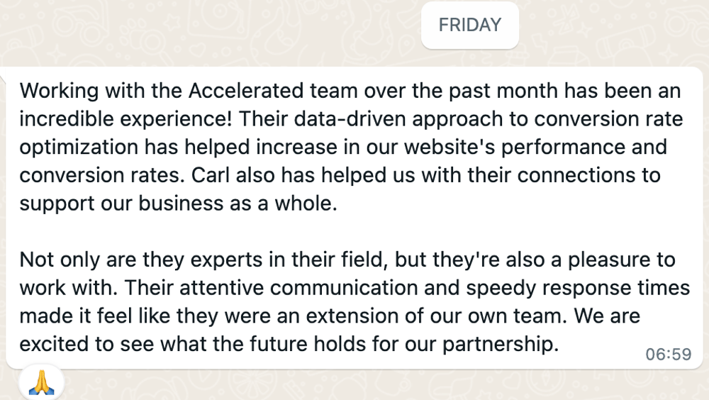WhatsApp message from a client after a month with the team